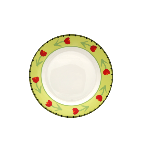 Fanno-Bouquet Flat Plate with Tupic Flower Motif and Hand-Painted Border in Red