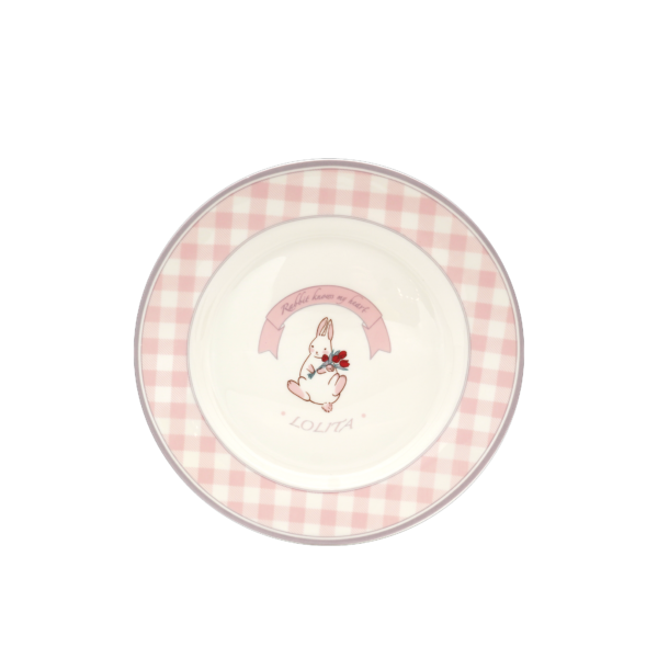 Fanno-Rabbit Flat Plate with Hand-Painted Pink Checked Trim for Dining Table Decor