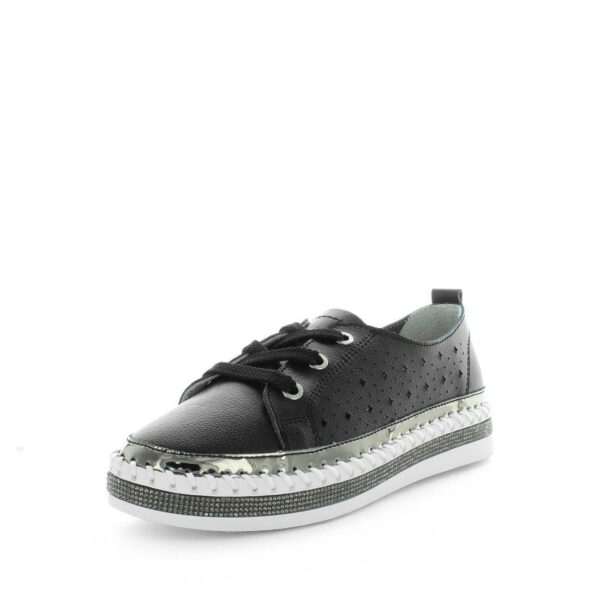 Fanno-3-Hole Lace-Up Flats for Women with Leather Lining and Glitter Trim Sole Black 38EU