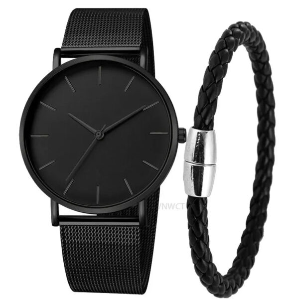 Fanno-NNEOBA Mens Ultra Thin Magnetic Bracelet Quartz Watch - All-Black Slim Mesh Steel