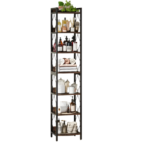 Fanno-NNETMLT 78.7 Inch Extra Tall 7 Tier Skinny Bookcase  Rustic Brown