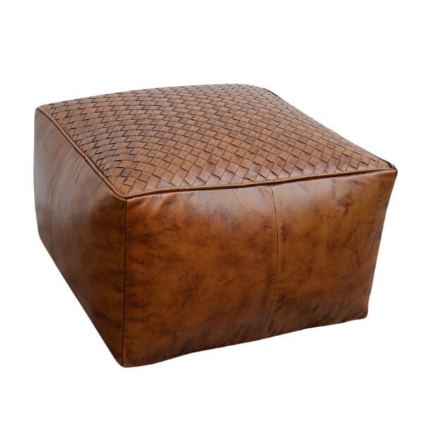 Fanno-Leather Ottoman Square Latticed 45x45x33cm Caramel Modern Boho