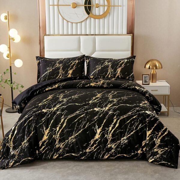 Fanno-Black Gold Metallic Marble Comforter Set  King Size  Foil Print Glitter 3-Piece Bedding