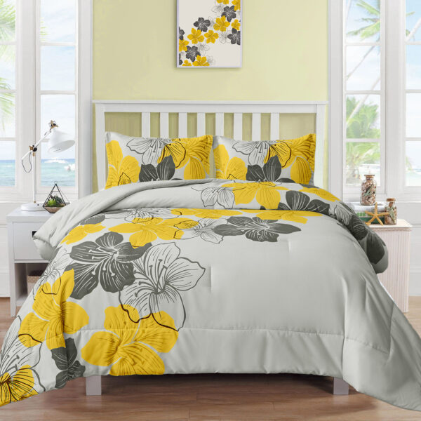 Fanno-Floral Comforter Set  King Size  Yellow Floral 3-Piece Bedding  Lightweight Microfiber