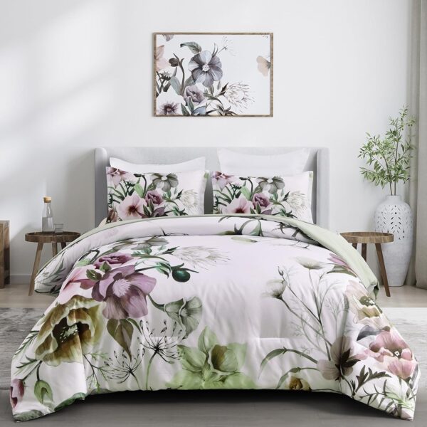 Fanno-Floral Comforter Set  King Size  Green Floral 3-Piece Bedding  Soft Microfiber for All Seasons