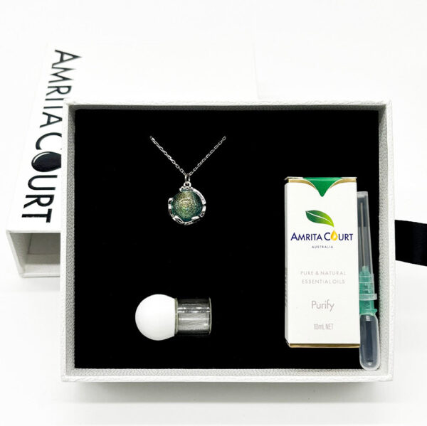 Fanno-Gift Box - Aroma Necklace White Gold - Planet Celestial Aqua (Light Blue) + Purify Oil Blend