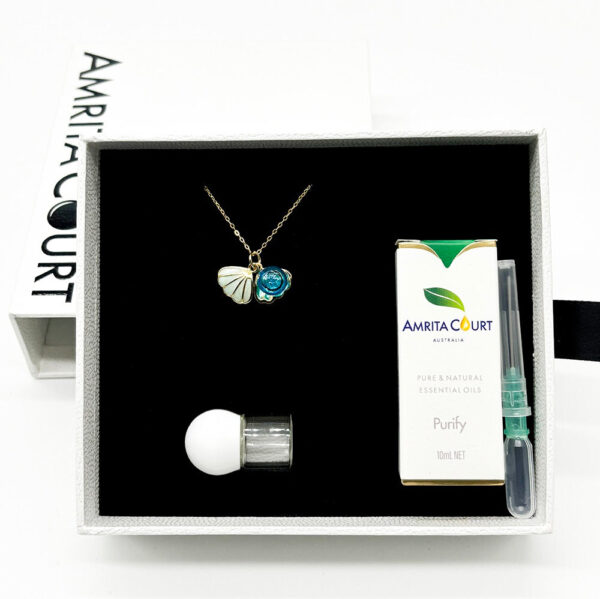 Fanno-Gift Box - Aroma Necklace 925 Silver  Gold coated - Green Shell Ocean  (Light blue) + Purify Oil Blend