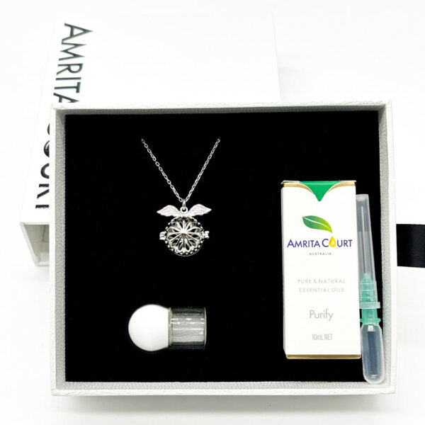 Fanno-Gift Box - Angel Ball White Gold Aroma Necklace + Purify Oil Blend