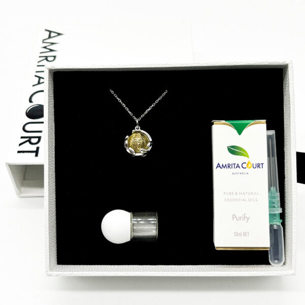 Fanno-Gift Box - Aroma Necklace White Gold - Planet Jovian Gold (Golden Yellow) + Purify Oil Blend