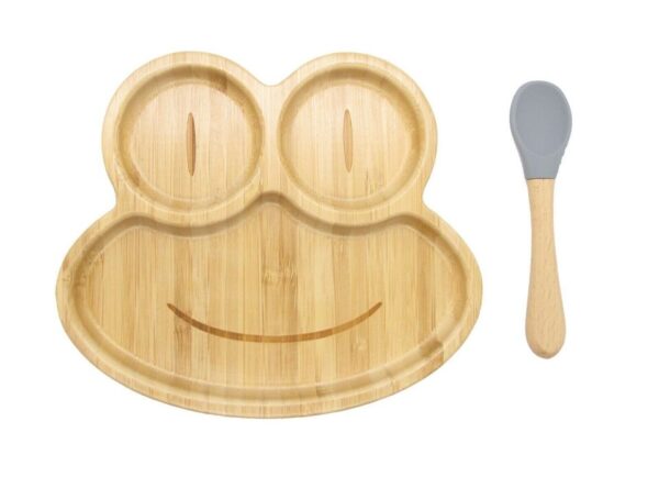 Fanno-Bamboo Kids Children Baby Plate Bowl & Silicon Suction Cap Base & Spoon - Frog