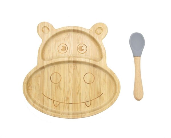 Fanno-Bamboo Kids Children Baby Plate Bowl & Silicon Suction Cap Base & Spoon - Hippo