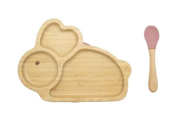 Fanno-Bamboo Kids Children Baby Plate Bowl & Silicon Suction Cap Base & Spoon - Rabbit