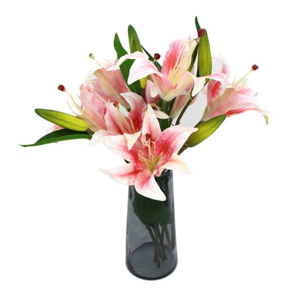 Fanno-Premium Artificial Pink Lily Flower Arrangement in Glass Vase 45cm Home Decor