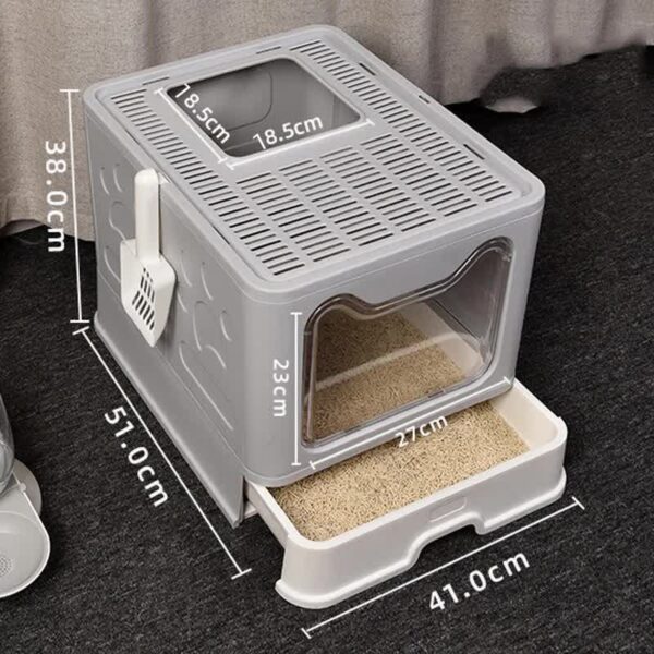 Fanno-Foldable Cat Litter Box Grey Pull-Out Tray Easy Cleaning Anti-Splash 51cm