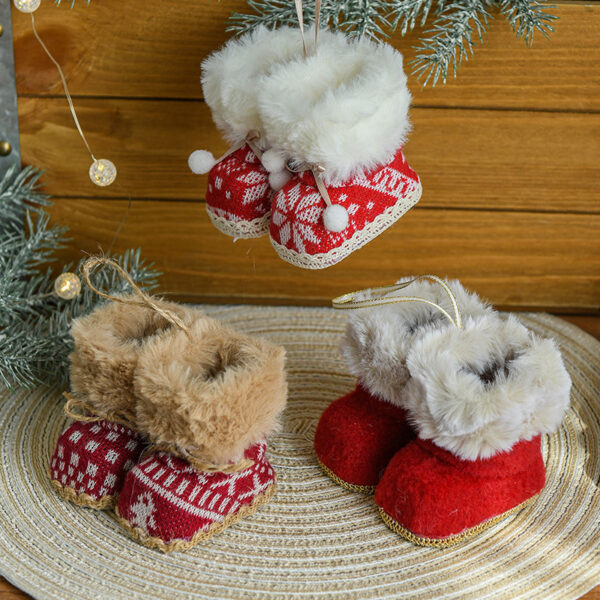 Fanno-Knitted Christmas Boot Ornaments with Faux Fur Trim - Set of 3 Hanging Decorations