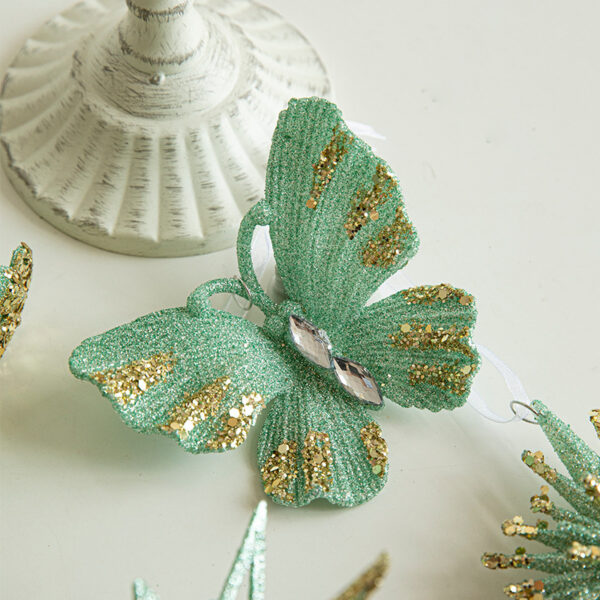 Fanno-Green Glitter Butterfly Christmas Ornament with Gold  - Hanging Holiday Decoration 5 pieces