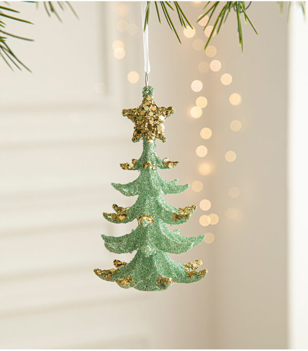 Fanno-Green Glitter Christmas Tree Ornament with Gold Star Top - Hanging Festive Decoration 5 pieces