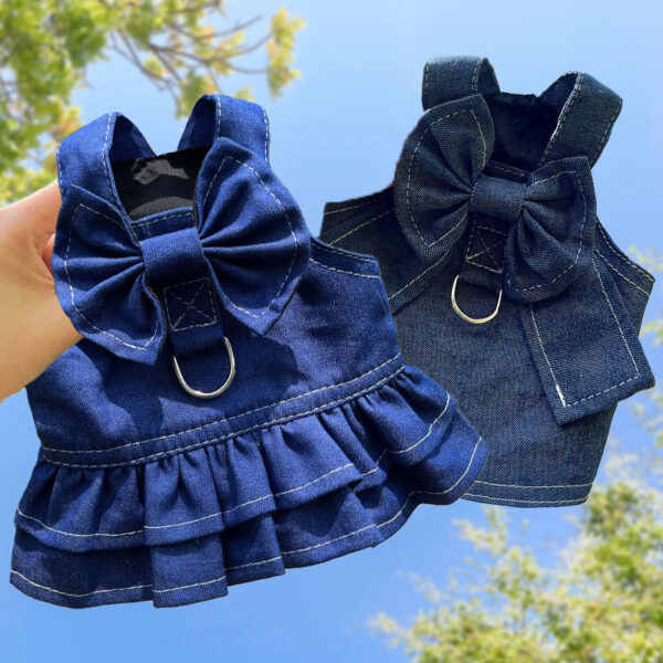 Fanno-Pet Denim Harness Dress Set (2 Pieces) – 3XL Size (70cm Chest for 20-36 lb Pets) with T-Shirt and Skirt  Bow  and Leash Ring