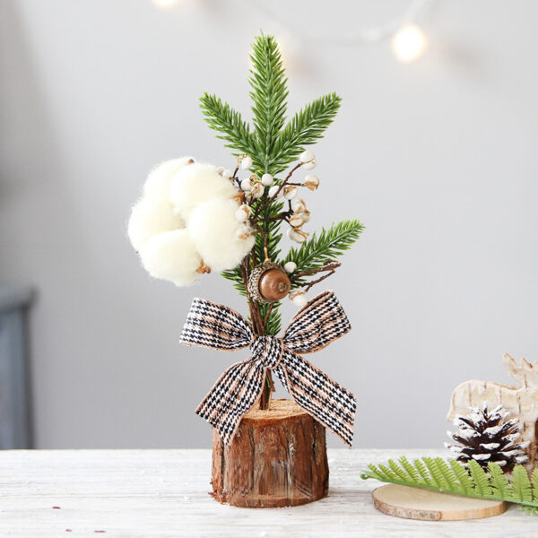 Fanno-Mini Rustic Christmas Tree Decoration – 9.84 Inches Tall with Cotton and Plaid Bow  (4 trees)