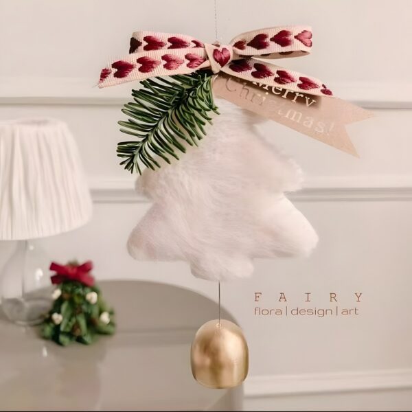 Fanno-White Velvet Christmas Tree Ornament with Golden Bell and Ribbon - Elegant Holiday Decor (5 pieces)