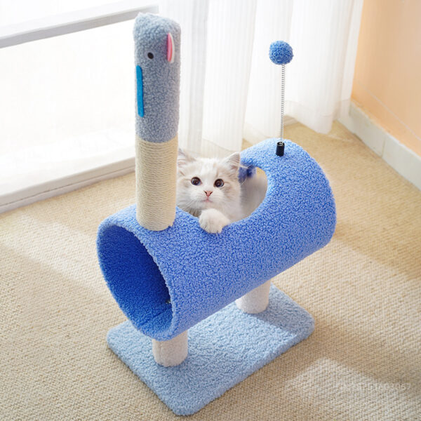 Fanno-Interactive Cat Tunnel & Scratching Post with Spring Toy - Cozy Playtime for Kittens Blue