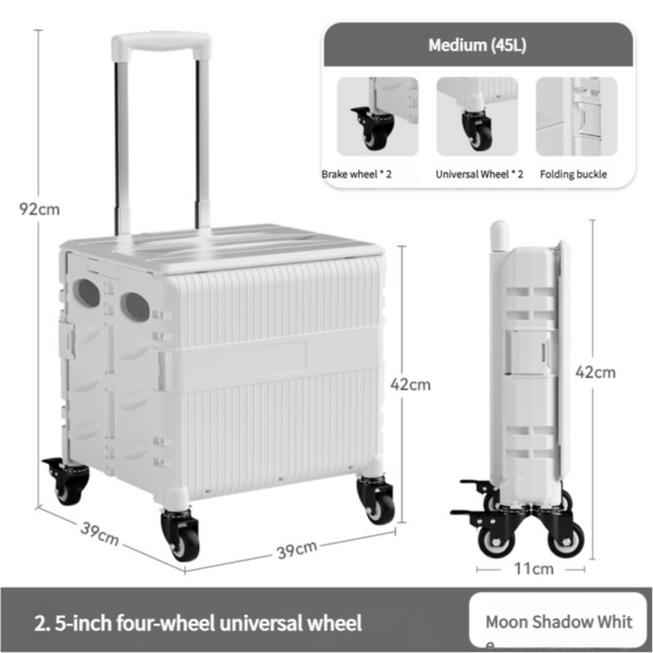 Fanno-Foldable Rolling Storage Cart with Telescopic Handle - Large Capacity  Portable Utility Box  45L white