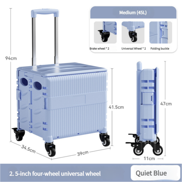 Fanno-Foldable Rolling Storage Cart with Telescopic Handle - Large Capacity  Portable Utility Box  45L blue