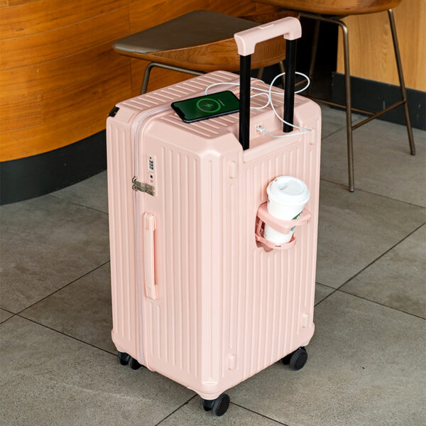 Fanno-Smart Hard-Shell Luggage with USB Charging Port & Cup Holder - 24"Spinner Suitcase in Pink