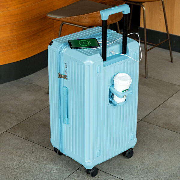 Fanno-Smart Hard-Shell Luggage with USB Charging Port & Cup Holder - 20"Spinner Suitcase in Blue