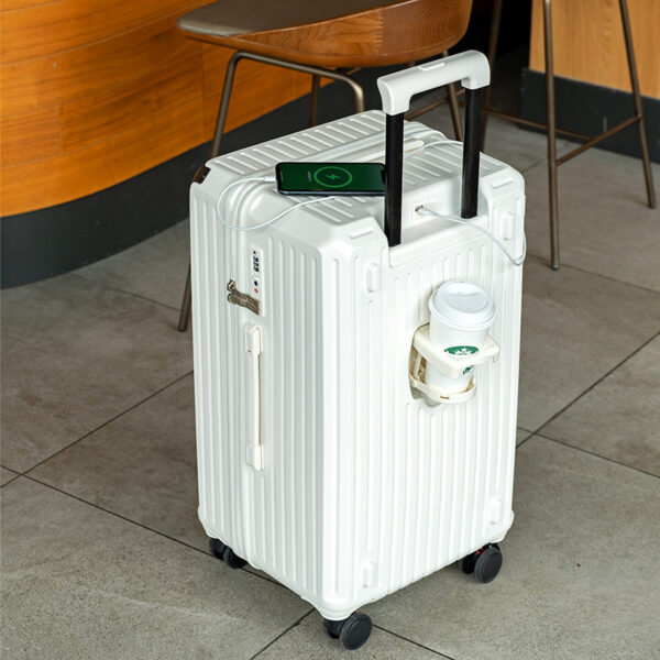 Fanno-Smart Hard-Shell Luggage with USB Charging Port & Cup Holder - 20"Spinner Suitcase in White