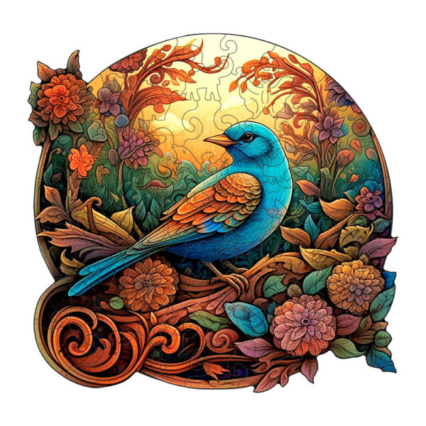 Fanno-Colorful Bluebird Round Wooden Puzzle - Intricate Floral Art Design(M-paper box-H185)