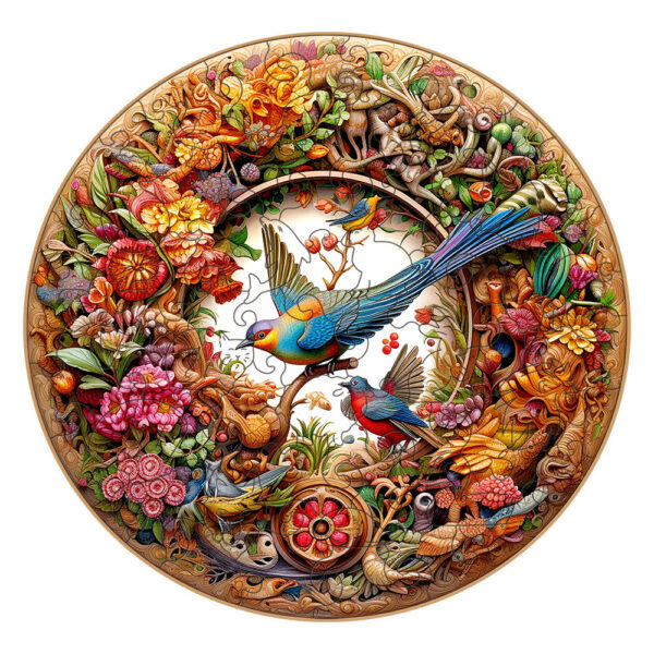 Fanno-Intricate Garden Birds Round Wooden Puzzle - Vibrant Nature-Themed Artwork(M-paper box-H188)