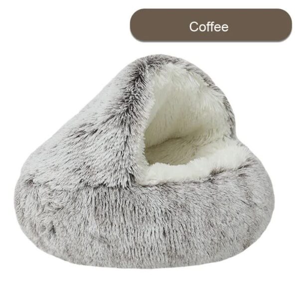 Fanno-Cozy Coffee Plush Hooded Pet Bed - Ultra Soft Long Fur Cave Bed for Small Pets 40cm