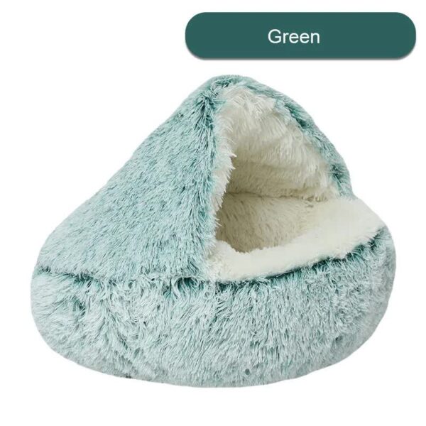 Fanno-Cozy Green Plush Hooded Pet Bed - Ultra Soft Long Fur Cave Bed for Small Pets 40cm