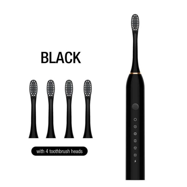 Fanno-X-3 Sonic Electric Toothbrush  4 Replacement Brush Heads  and USB Charging Cable - Sleek Black Design