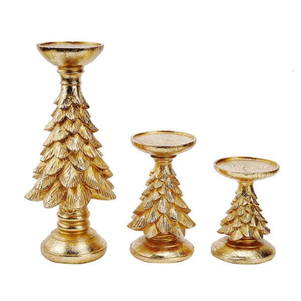 Fanno-Set of 3 Gold Christmas Tree Candle Holders - Festive Resin Pillar Stands  Elegant Holiday Decor