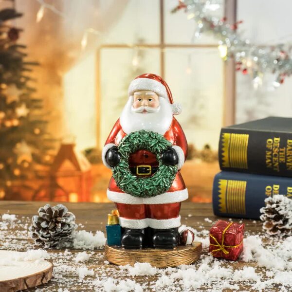 Fanno-Santa Claus Figurine with Wreath - 18cm Festive Resin Christmas Decoration