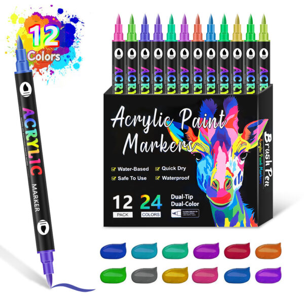 Fanno-12-Pack Dual-Tip Acrylic Paint Markers - 24 Vibrant Colors  Waterproof & Quick-Dry for Art Projects