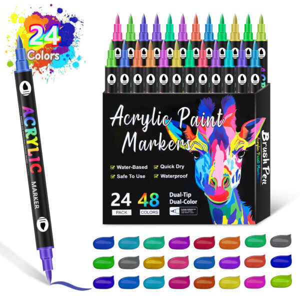 Fanno-24-Pack Dual-Tip Acrylic Paint Markers - 48 Vibrant Colors  Waterproof & Quick-Dry for Art Projects