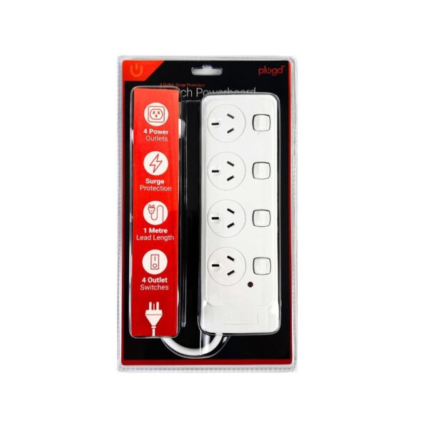 Fanno-4 Outlet Power Board Surge Protection 1M Lead Indoor Use 240V White