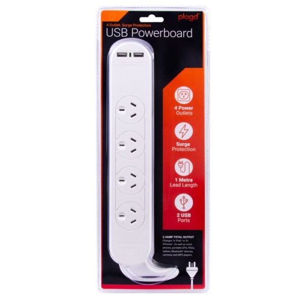 Fanno-Surge Protected Powerboard 4 Outlets USB Charger 1m Indoor White