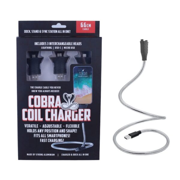 Fanno-Cobra Coil Charger 66cm USB-C Micro-USB Lightning durable flexible grey