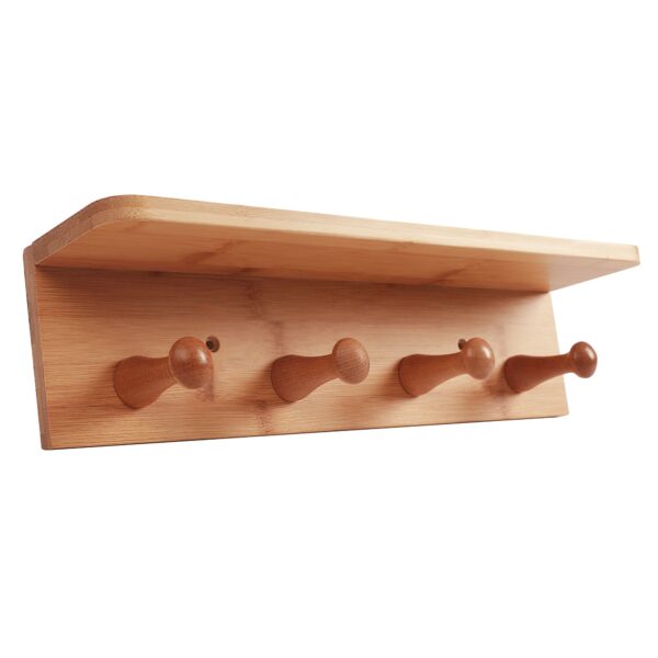 Fanno-Bamboo Wall Shelf 4 Hooks Entryway Kitchen Natural 40x10x9cm Easy Install