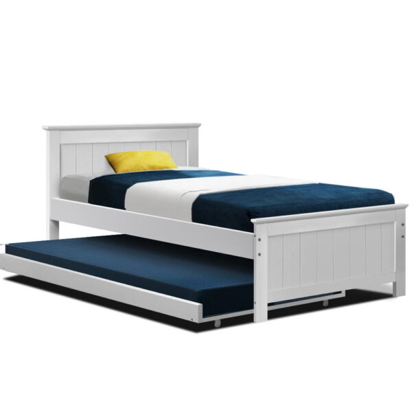 Fanno-Wooden Trundle Bed Frame for King Single Size Mattress White Storage Solution