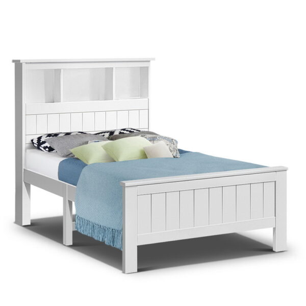 Fanno-Wooden King Single Bed Frame with Storage Shelves for Kids and Adults White